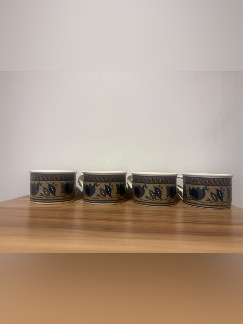 Mikasa Stoneware Mugs with Blue Tulip Motif and Brown Banding - Set of 4